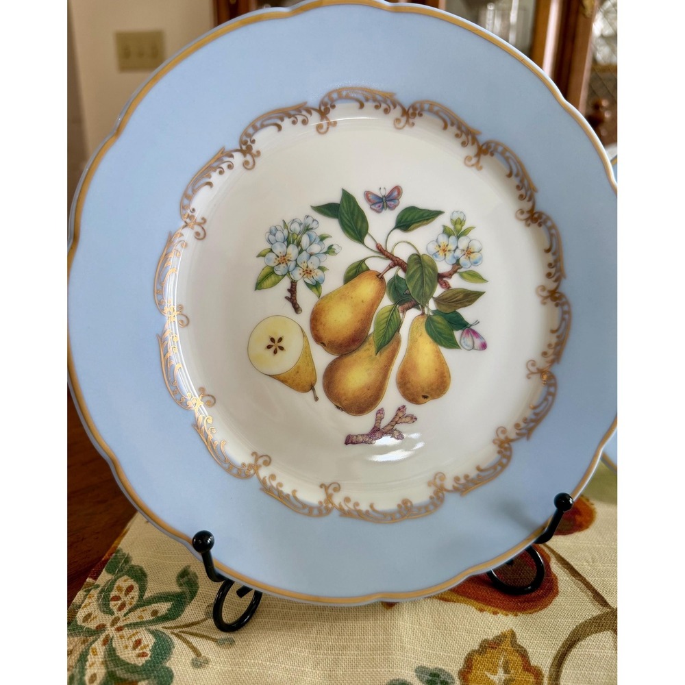 Set of 4 Vintage Limoges France Fruit Dessert Plates, Blue Gold Gilt Scroll 7.5" - Picture 4 of 5